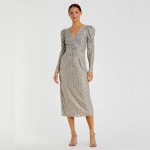 Mac Duggal Silver Beaded Lace Long Sleeve Midi Dress Sz 12
